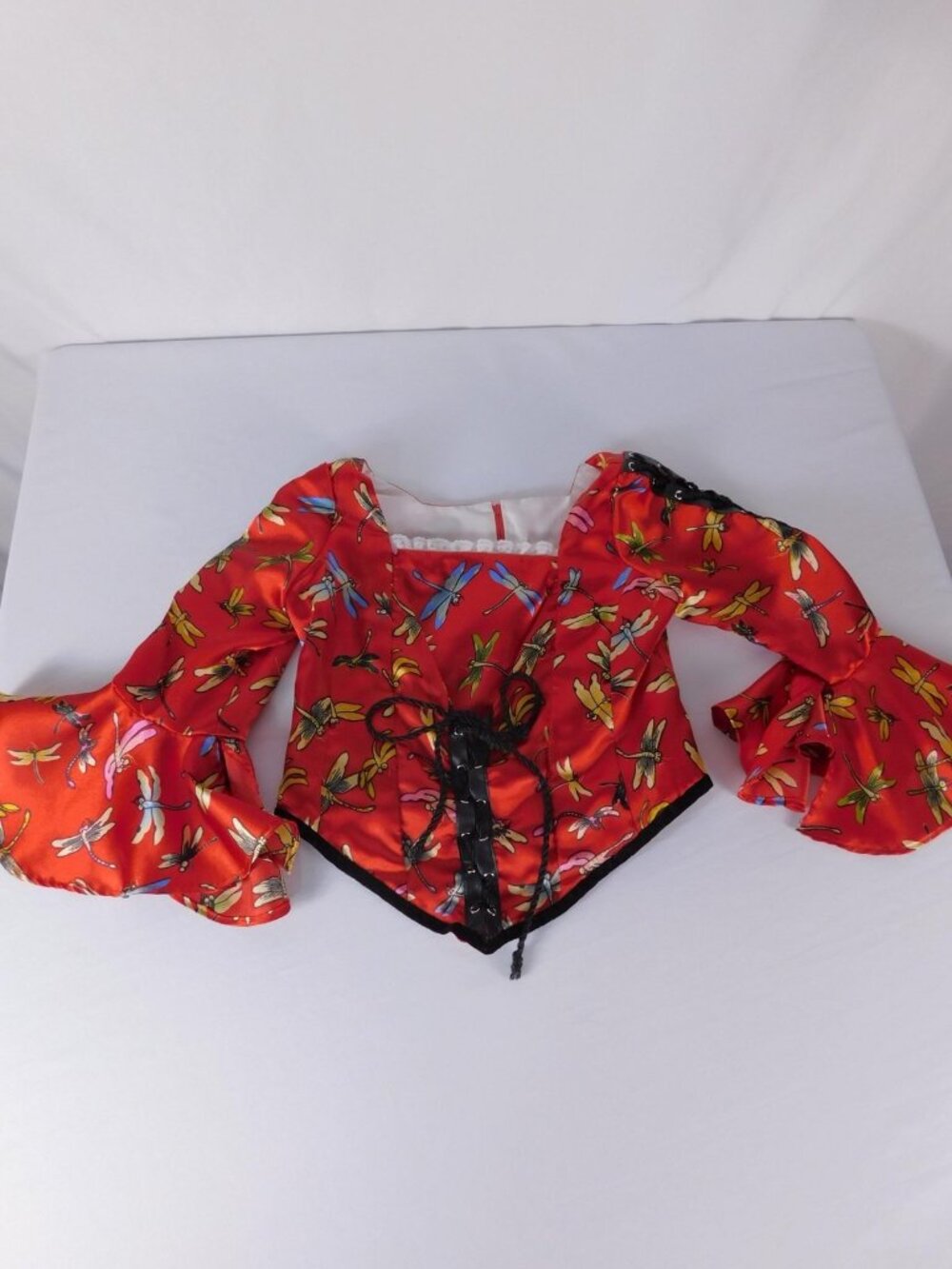 Handmade Blouse Girls 8 Red Dragonfly Print Satin Lace Up Bell Sleeve Cropped